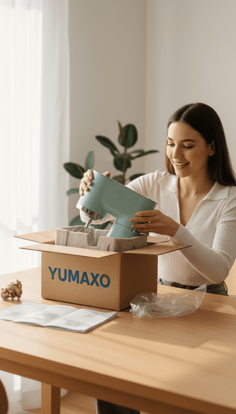 Customer unboxing and inspecting a YUMAXO product with satisfaction
