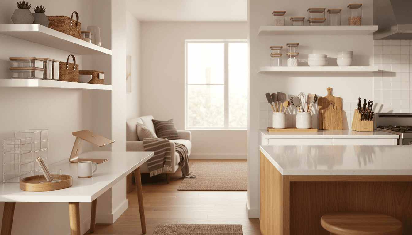 Clean home workspace with practical kitchen and home organization products displayed on white shelving